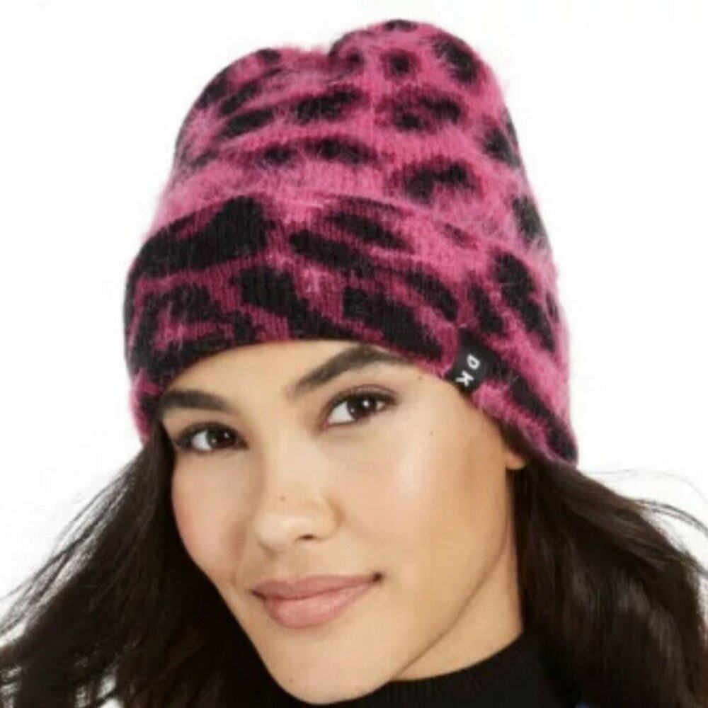DKNY $36 NEW Fuzzy Animal Print Beanie Hot Pink Black Cheetah Cap Hat Winter